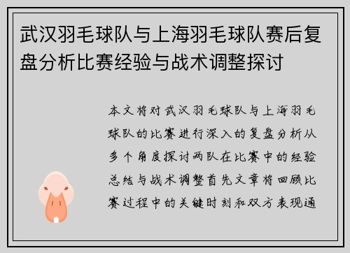 武汉羽毛球队与上海羽毛球队赛后复盘分析比赛经验与战术调整探讨